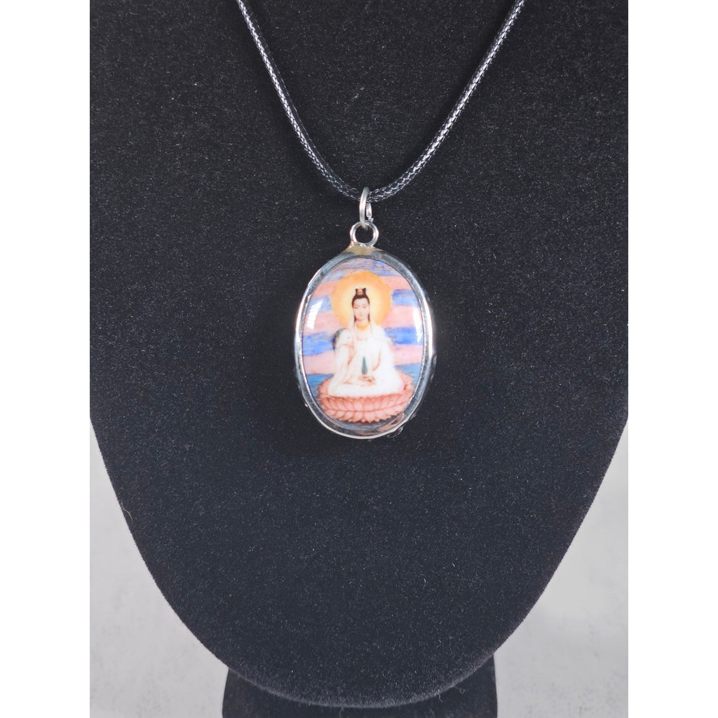 Vintage Buddhist Pendant Necklace Guanyin Lotus Oval Medallion