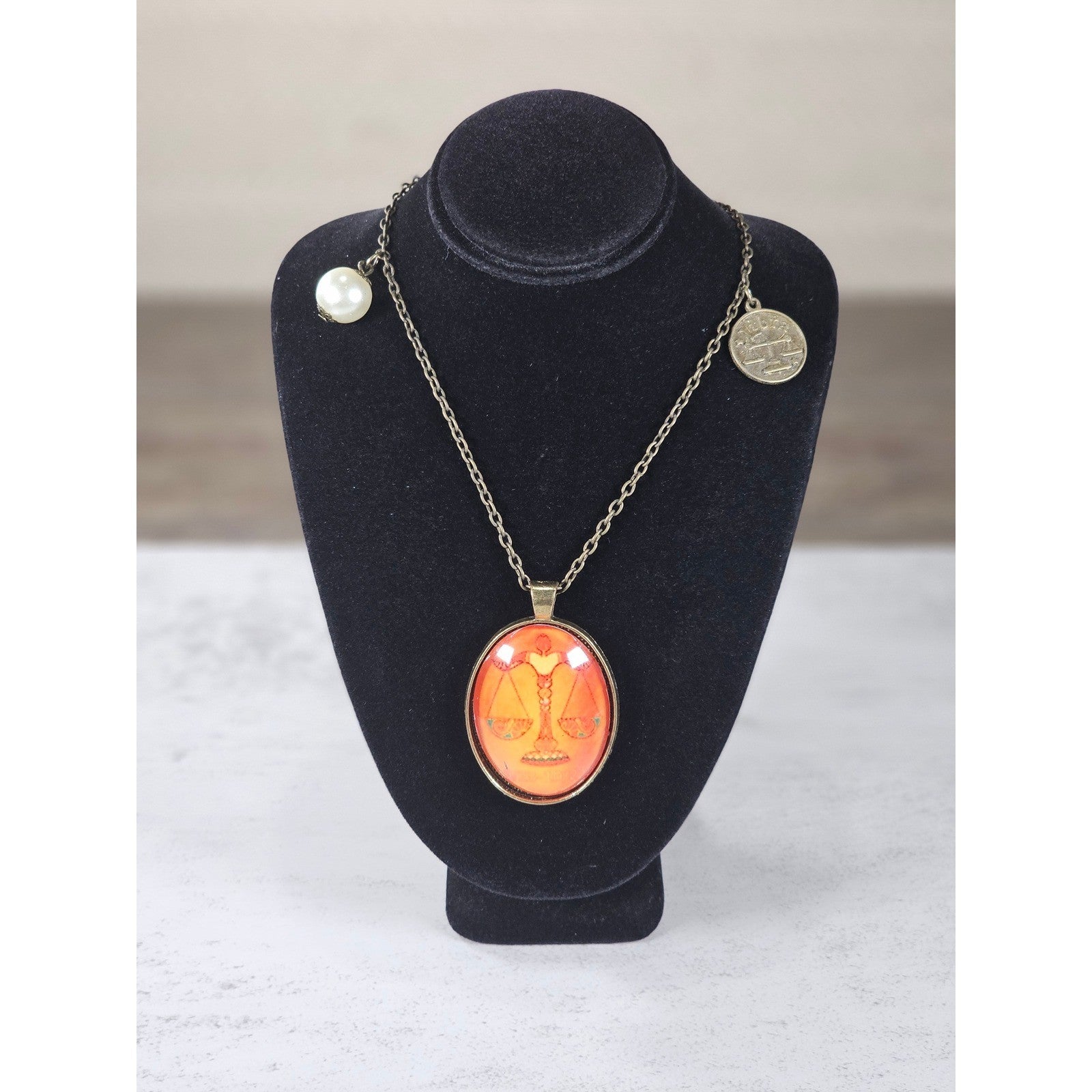 Vintage Libra Zodiac Pendant Necklace Orange Cabochon Charmine