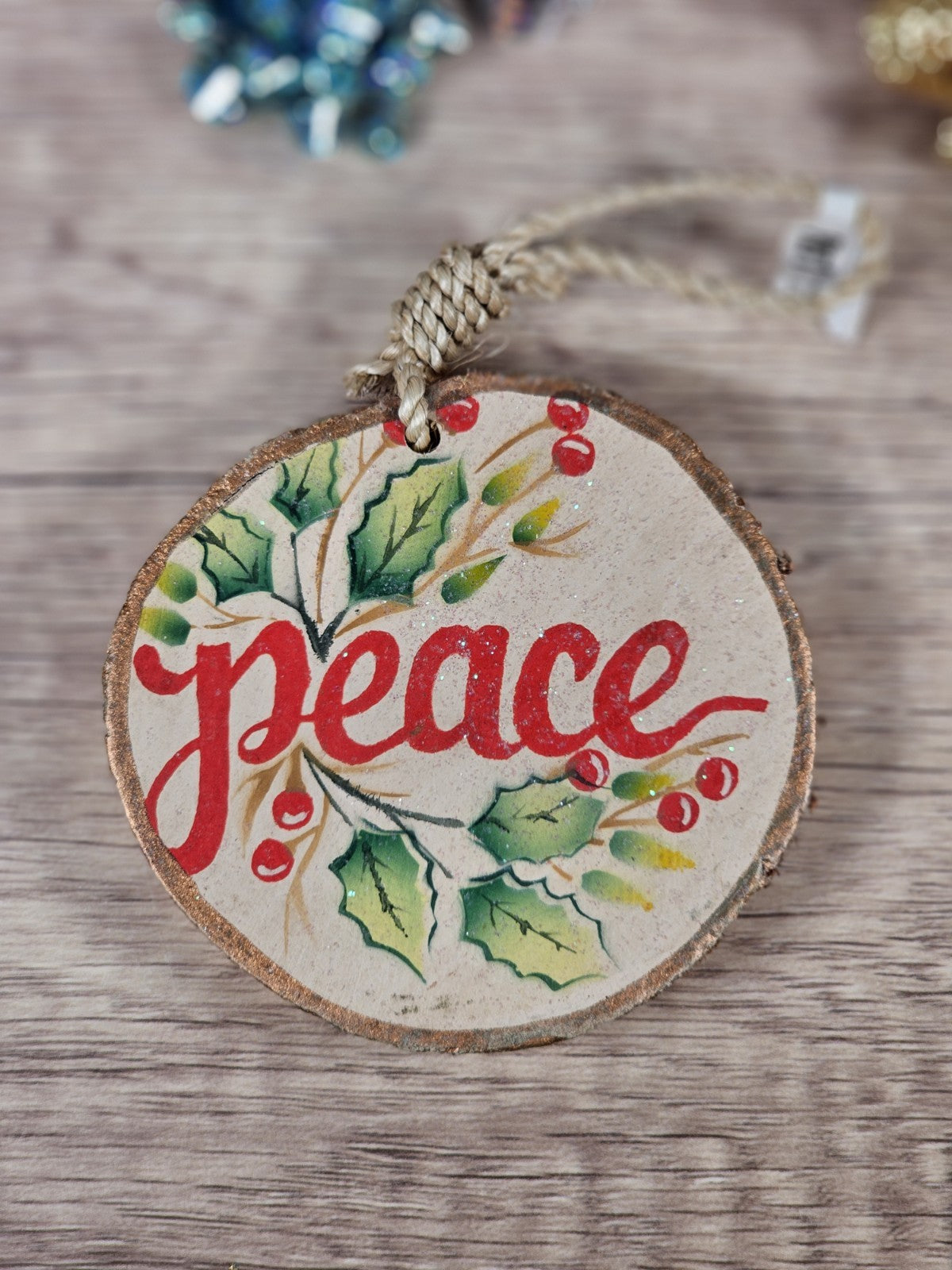 Peace Holly Berry Wood Slice Christmas Ornament By Pier 1