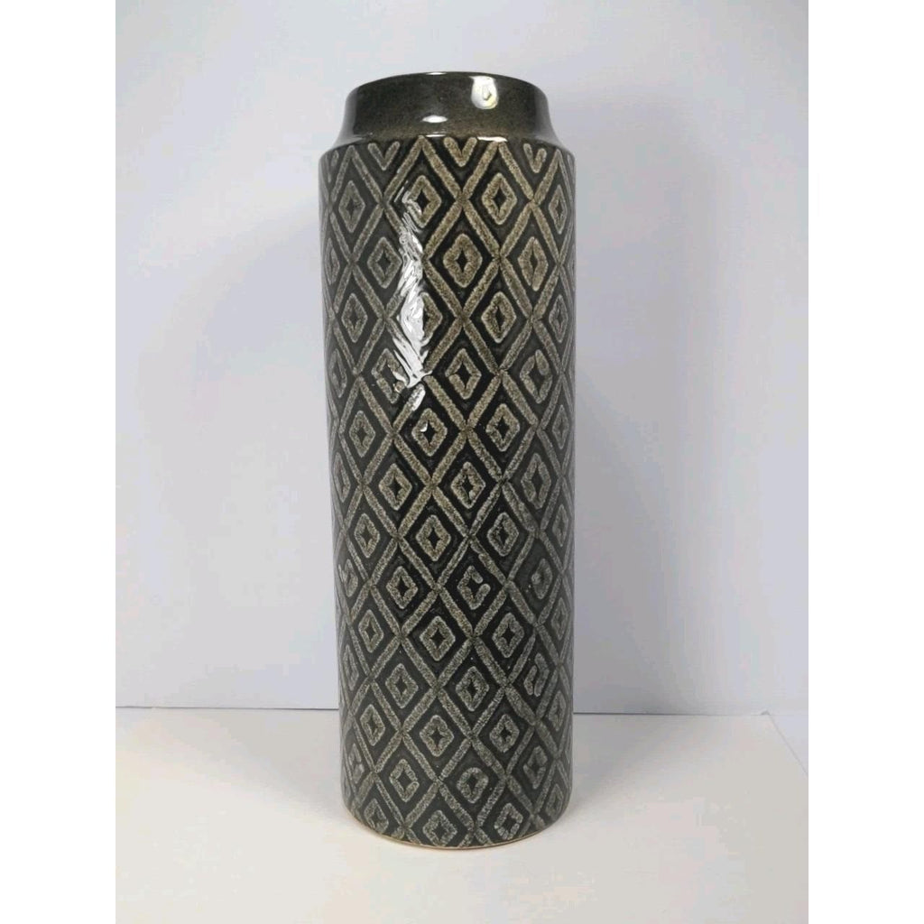 Vintage Black White Diamond Glass Vase Tall 15.6" Geometric Pattern