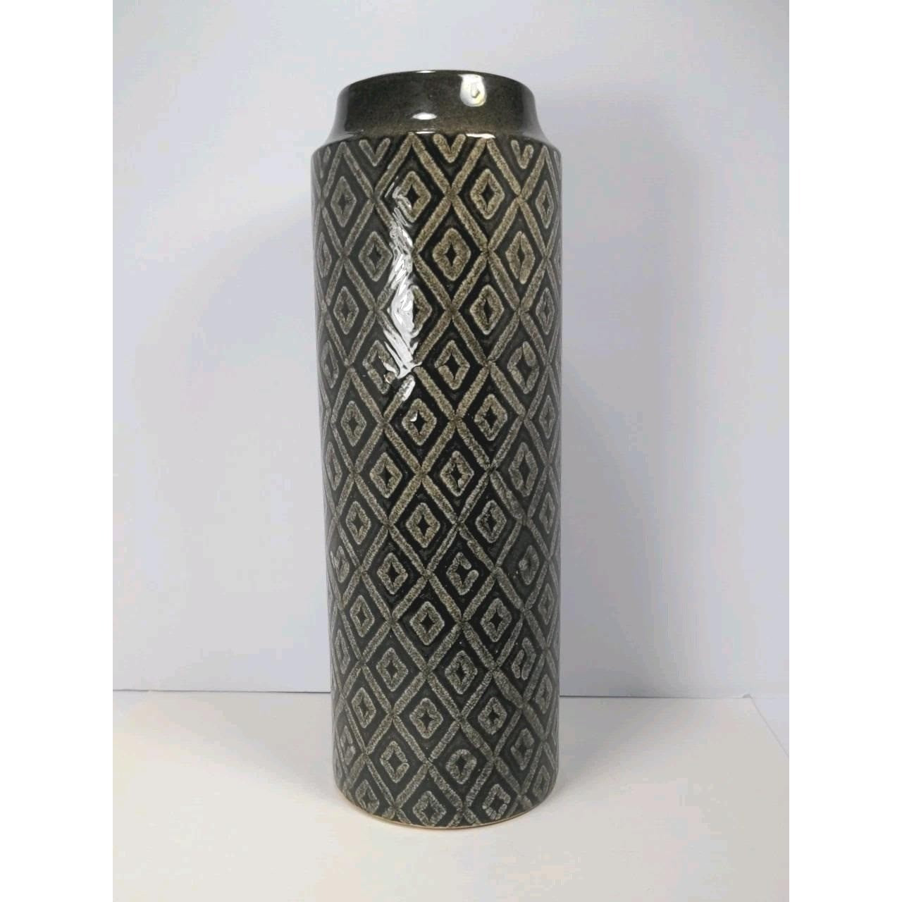 Vintage Black White Diamond Glass Vase Tall 15.6" Geometric Pattern