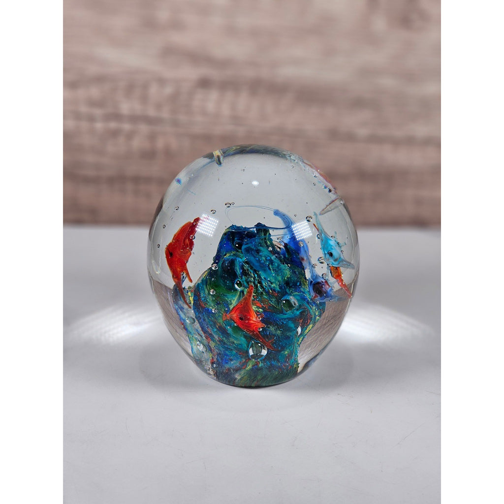 Glass Paperweight Aquatic Scene Fish Swirls Art Hand Blown