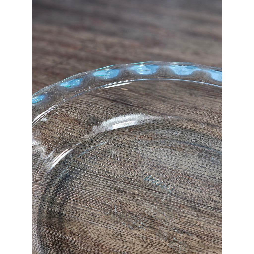 Vintage Pyrex Clear Glass Pie Dish with Blue Dot Rim 11 Inch
