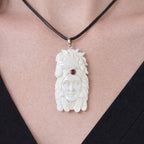 Vintage Carved Face & Horse Pendant Necklace with Red Stone
