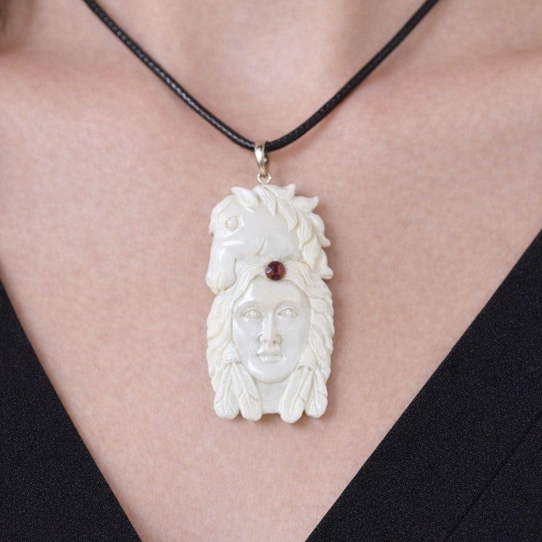 Vintage Carved Face & Horse Pendant Necklace with Red Stone