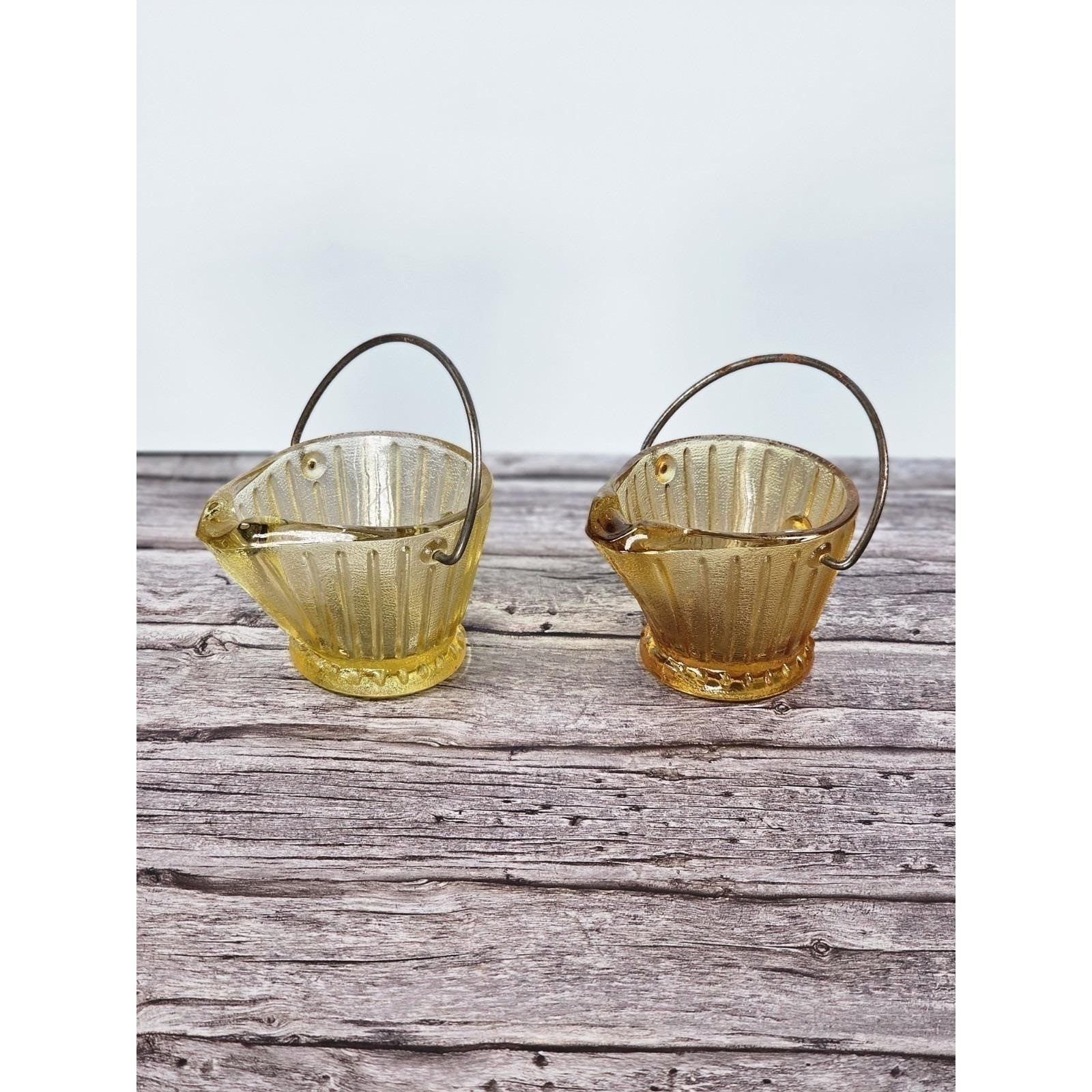 Vintage Hazel Atlas Mini Glass Coal Bucket Set of 2 Toothpick Holders
