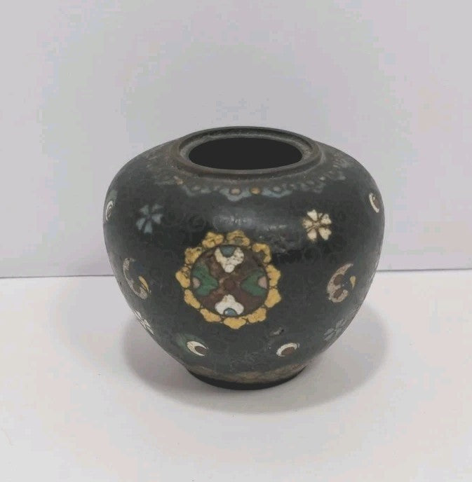 Vintage Cloisonné Mini Vase Black Enamel Floral Blue Interior 2.5"