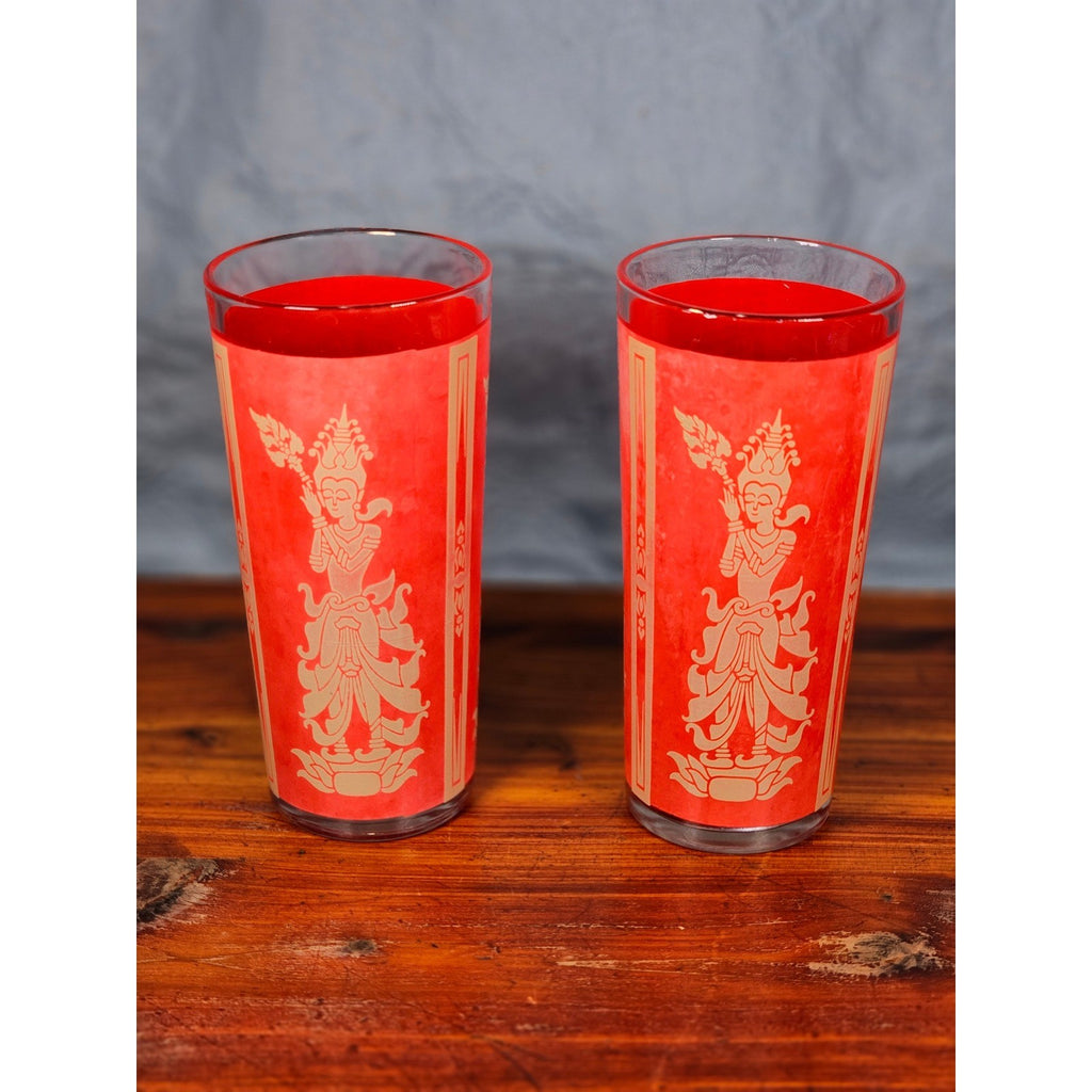 Vintage Red Asian Dancer Gold Glasses Set of 2 Tall Drinking Tumblers