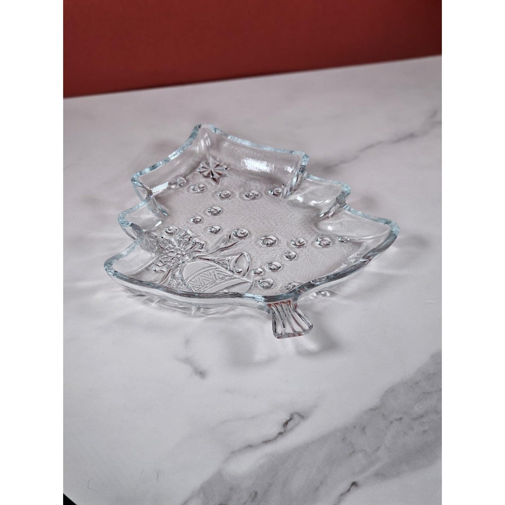 Vintage Pressed Glass Christmas Plate Bells Bows Tree Shape 7.5 Inch