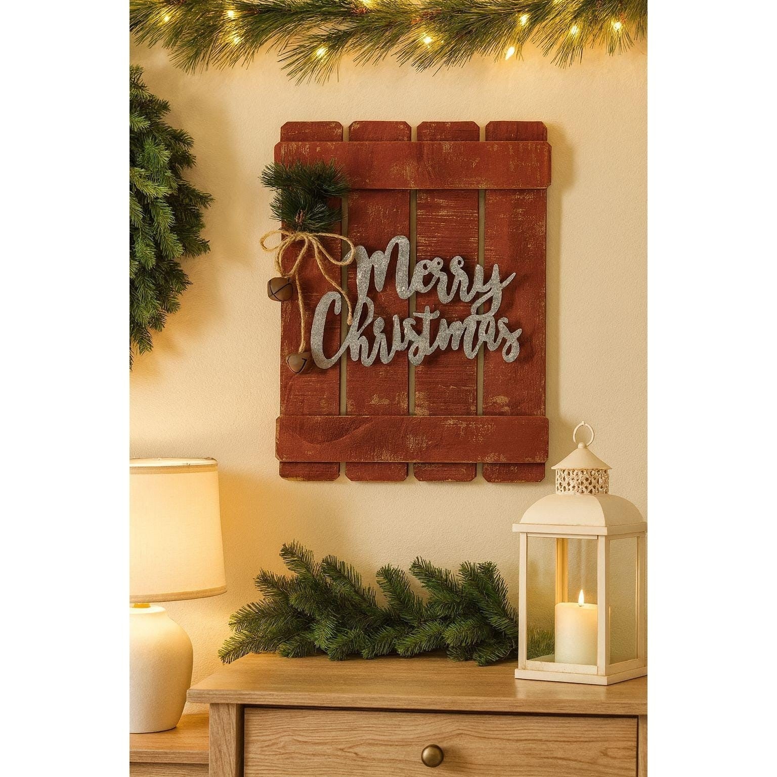 Vintage Rustic Red "Merry Christmas" Wooden Wall or Door Sign Holiday Décor