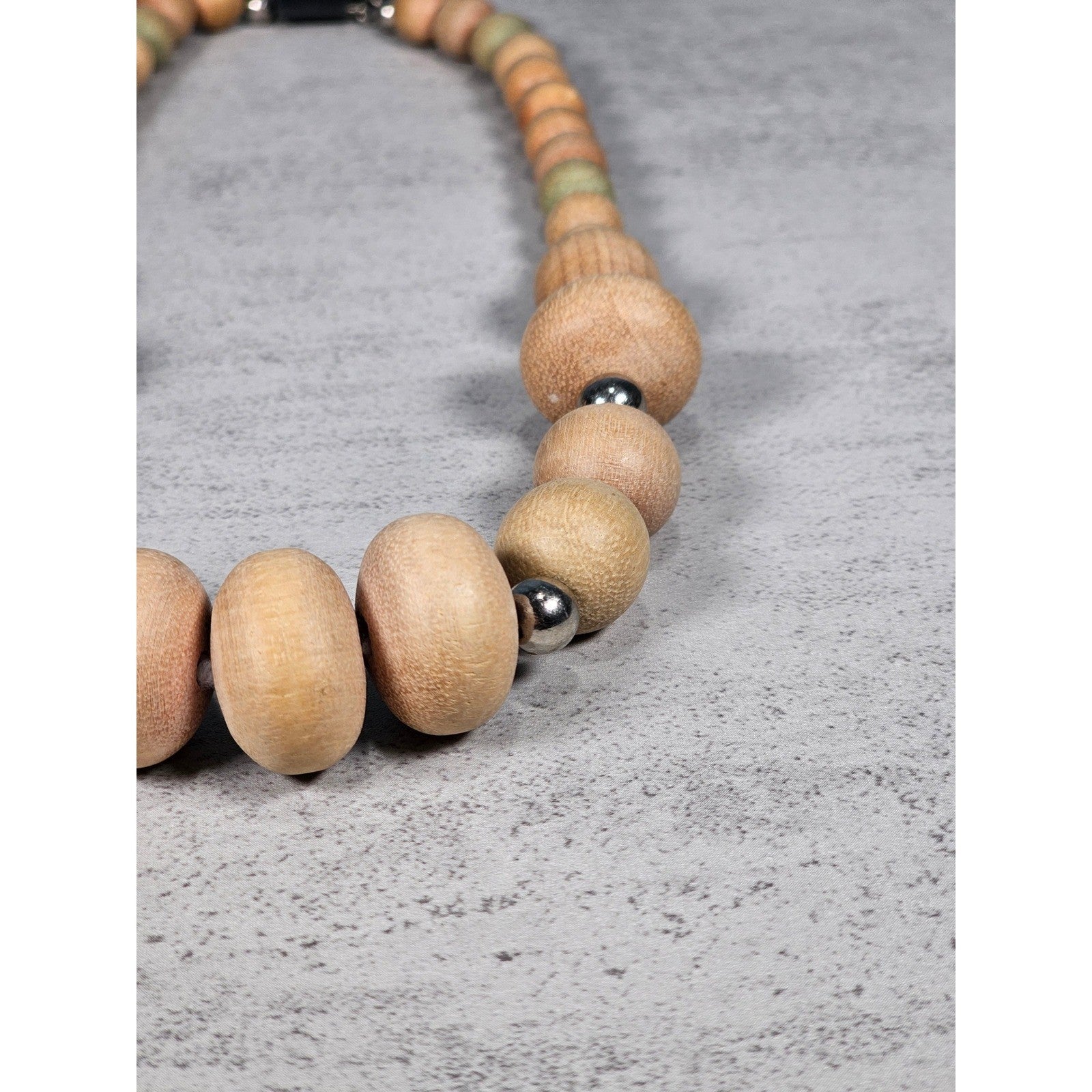 Vintage Wooden Bead Necklace with Silver Tone Accents | Rustic Boho Jewelry