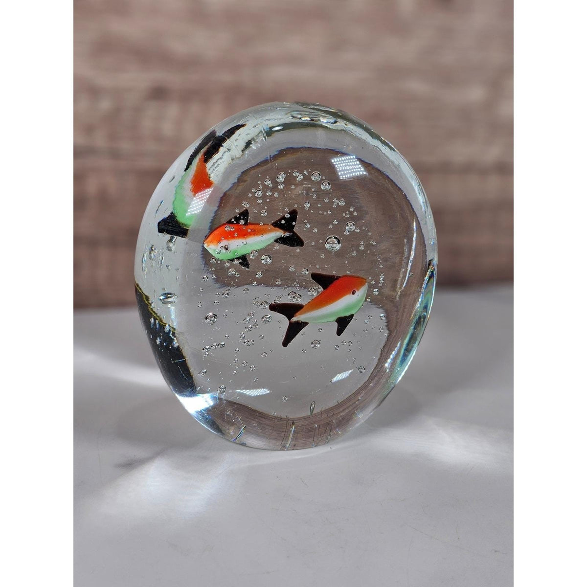 Vintage Glass Paperweight Three Fish Bubble Art Coastal Decor