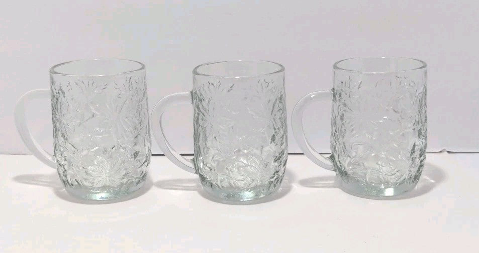 Set of 3 Princess House Fantasia Clear Glass Poinsettia Design Coffee Mug Cup