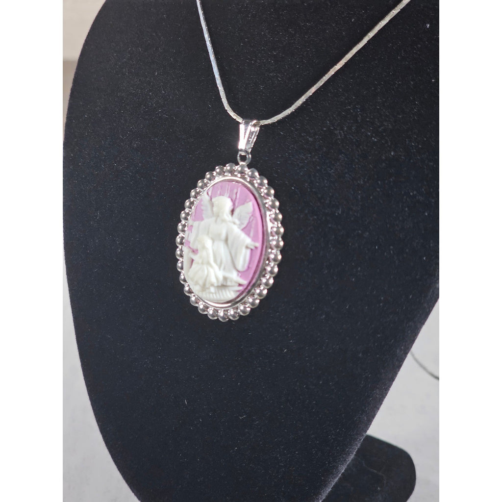 Vintage Angel Cameo Pendant Necklace Pink Relief Silver Tone Oval