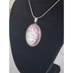 Vintage Angel Cameo Pendant Necklace Pink Relief Silver Tone Oval