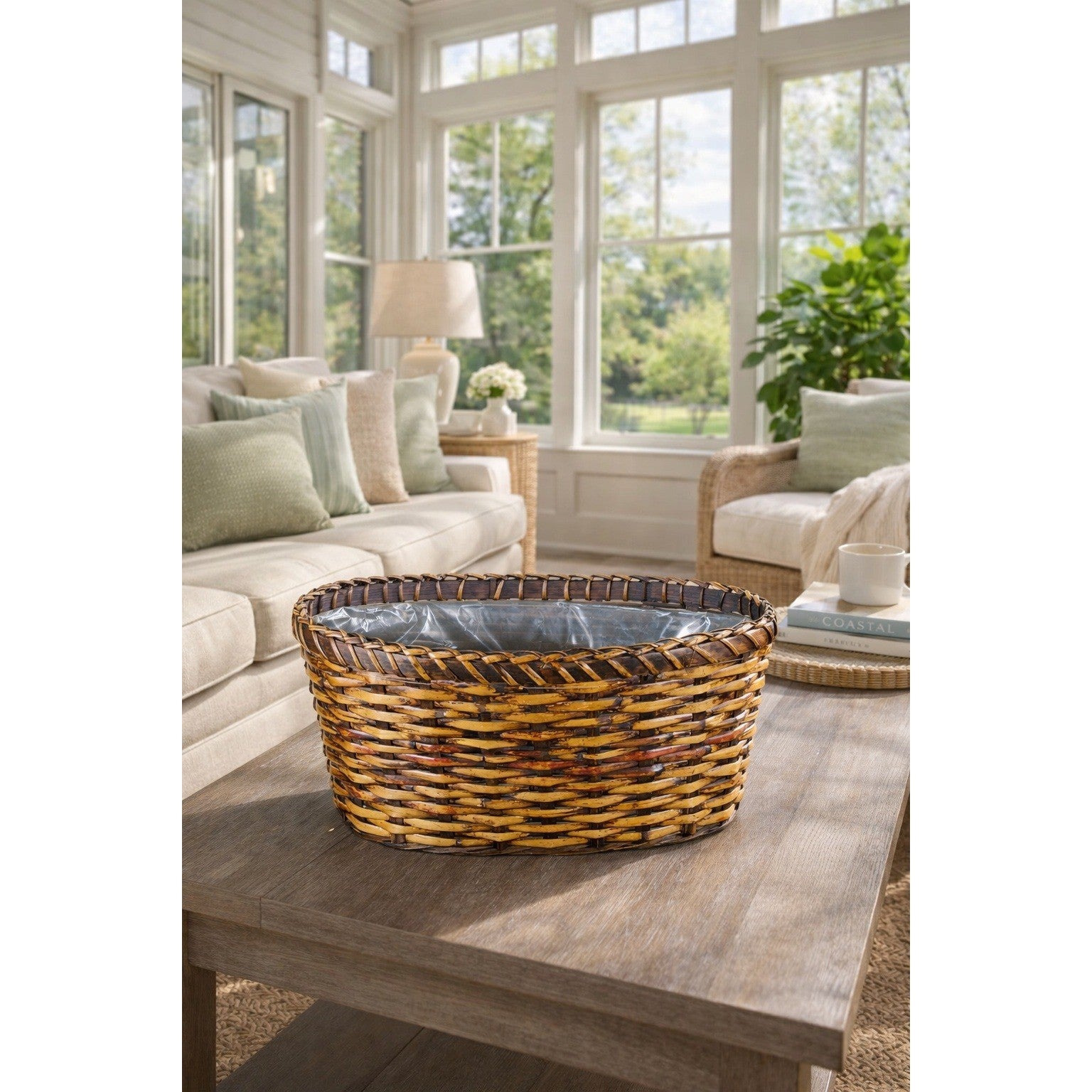 Vintage Woven Basket with Plastic Liner – Rustic Storage or Planter Basket