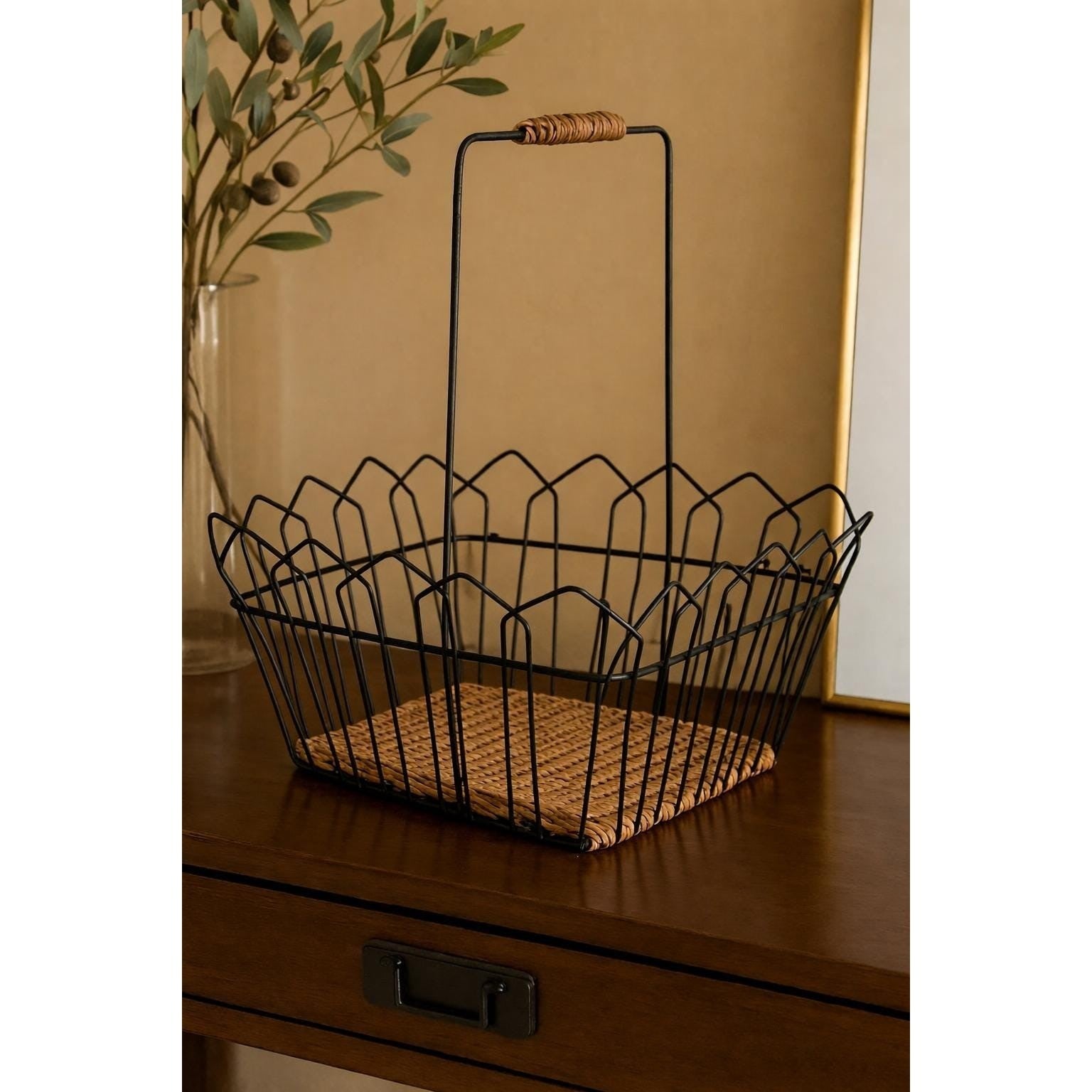 Vintage Rattan Basket with Black Metal Frame Rustic Storage Decor