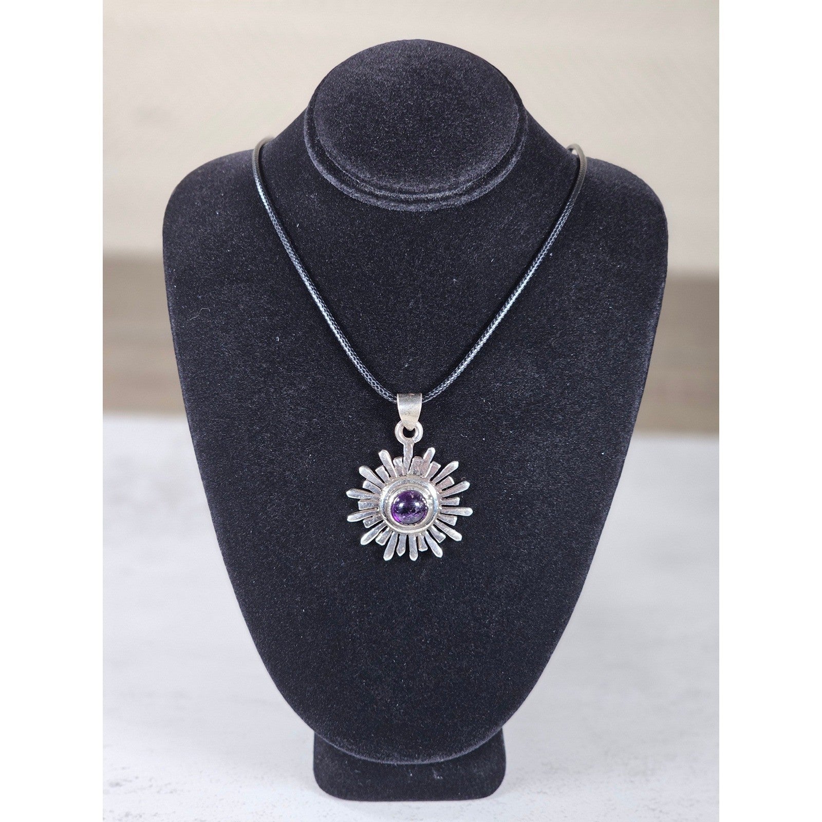 Vintage Sterling Silver Sunburst Amethyst Pendant Necklace