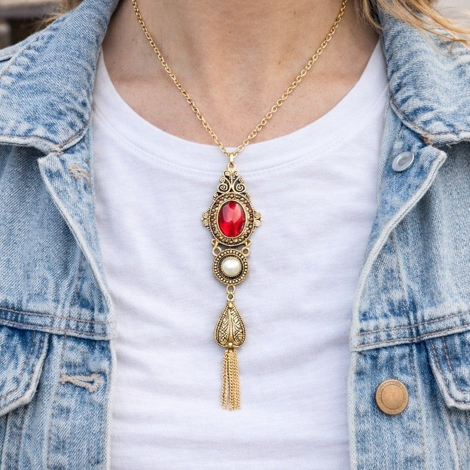 Vintage Gold Tone Red Cabochon Necklace with Faux Pearl Tassel Pendant