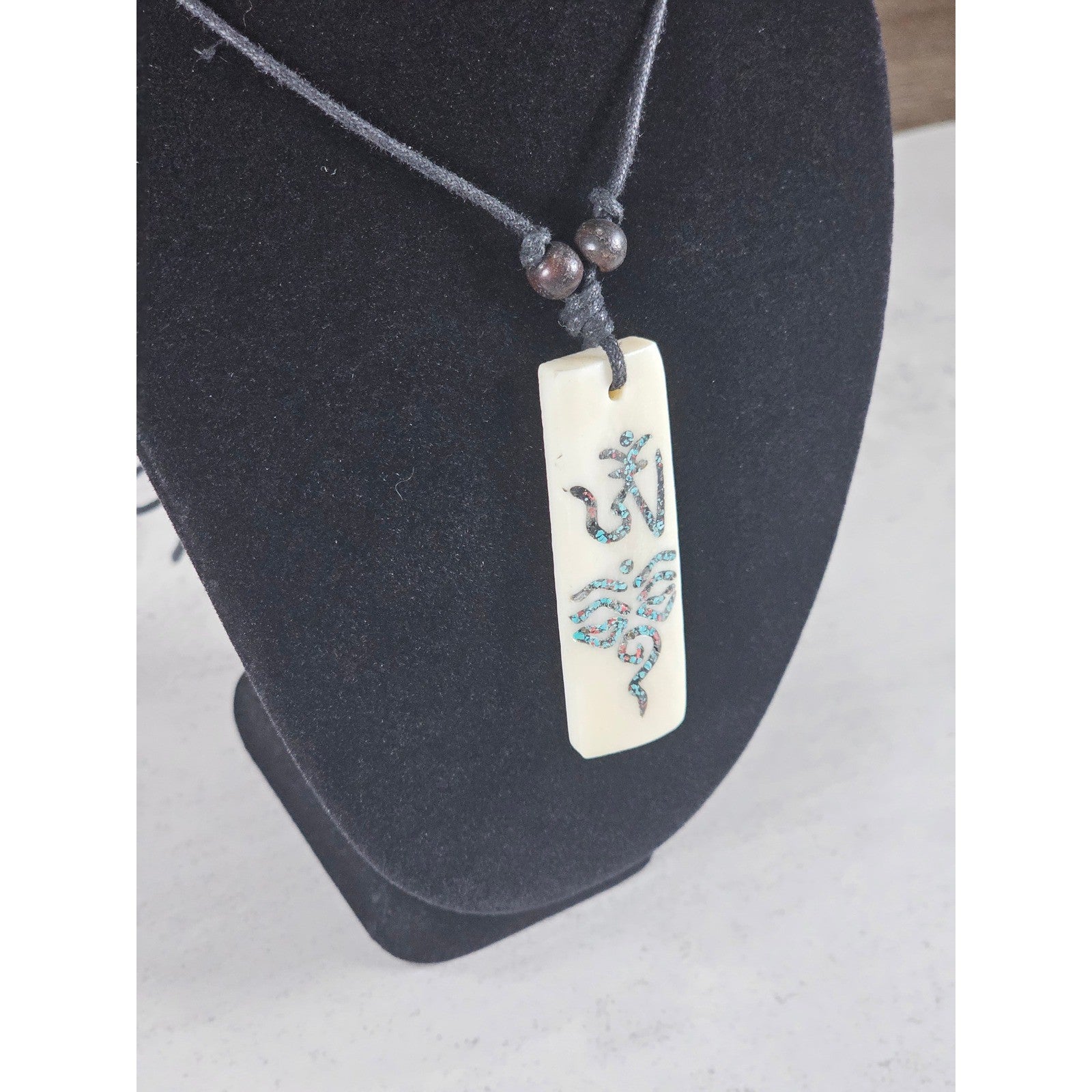 Vintage Carved Om Pendant Necklace Turquoise Inlay Rectangular