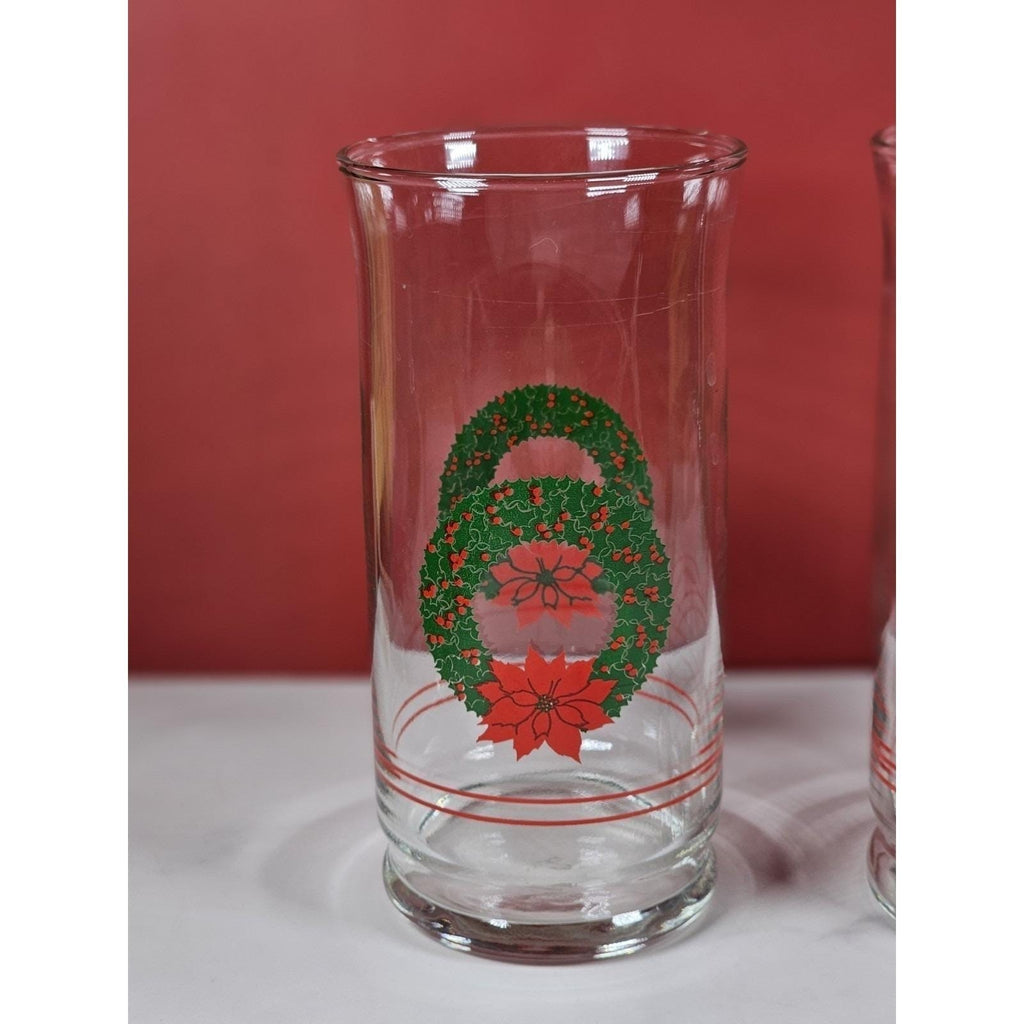 Vintage Libbey Christmas Glasses Set of 2 Holly Berry Poinsettia Holiday