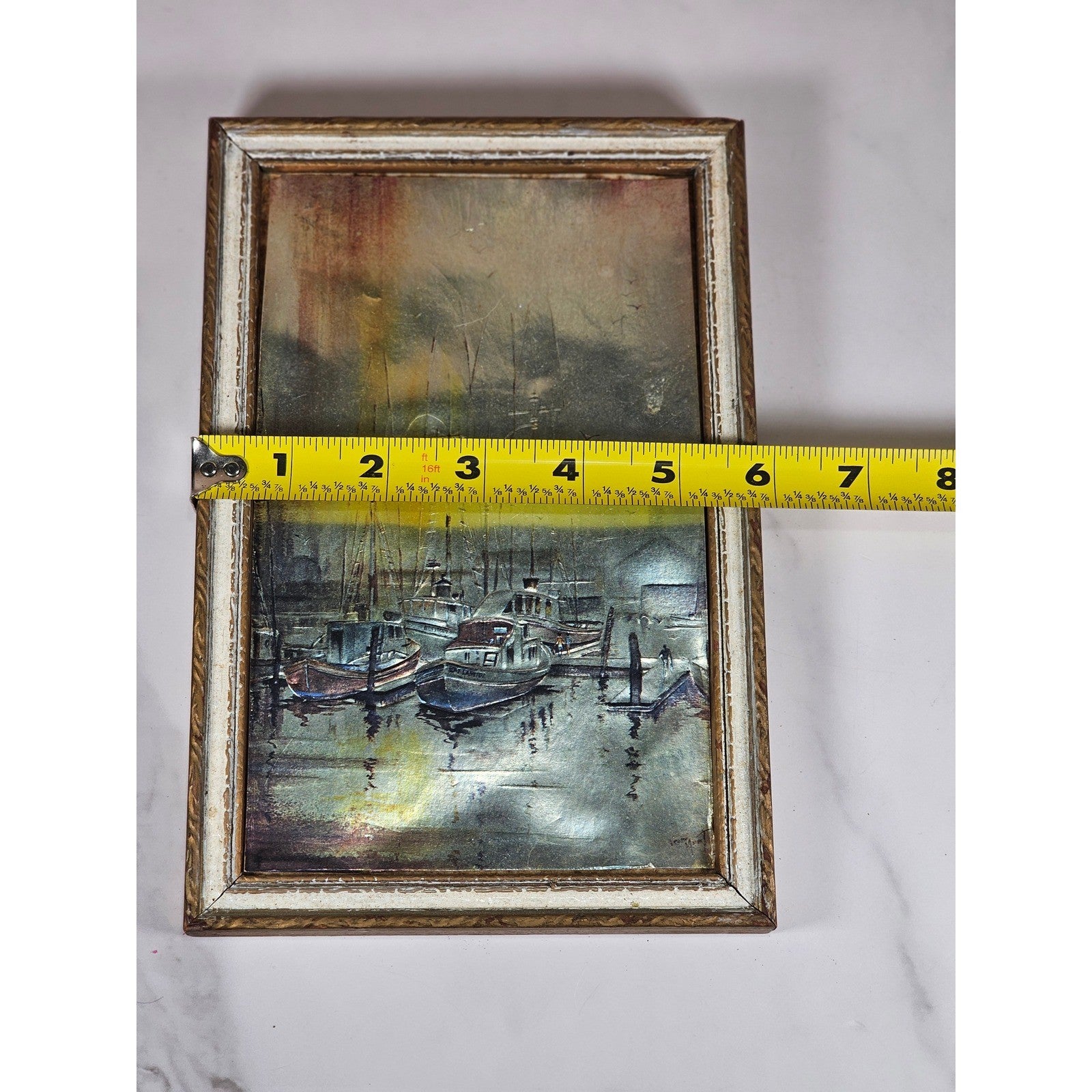 Vintage Framed Harbor Artwork – 9"x6" – Aged Patina – Nautical Wall Decor