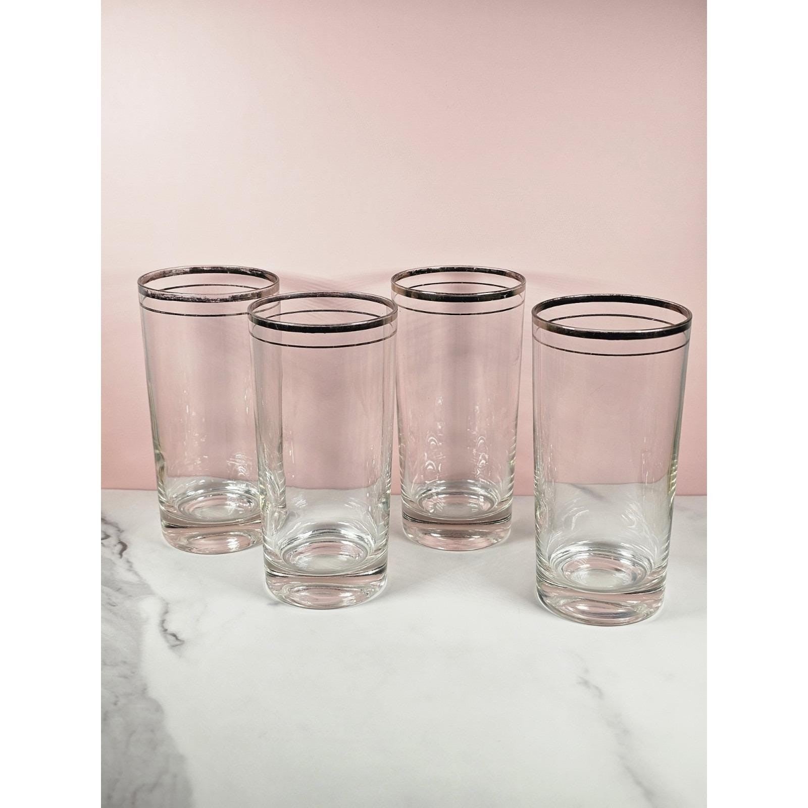 Vintage Mid Century Highball Glasses Set of 4 Double Silver Rim Barware
