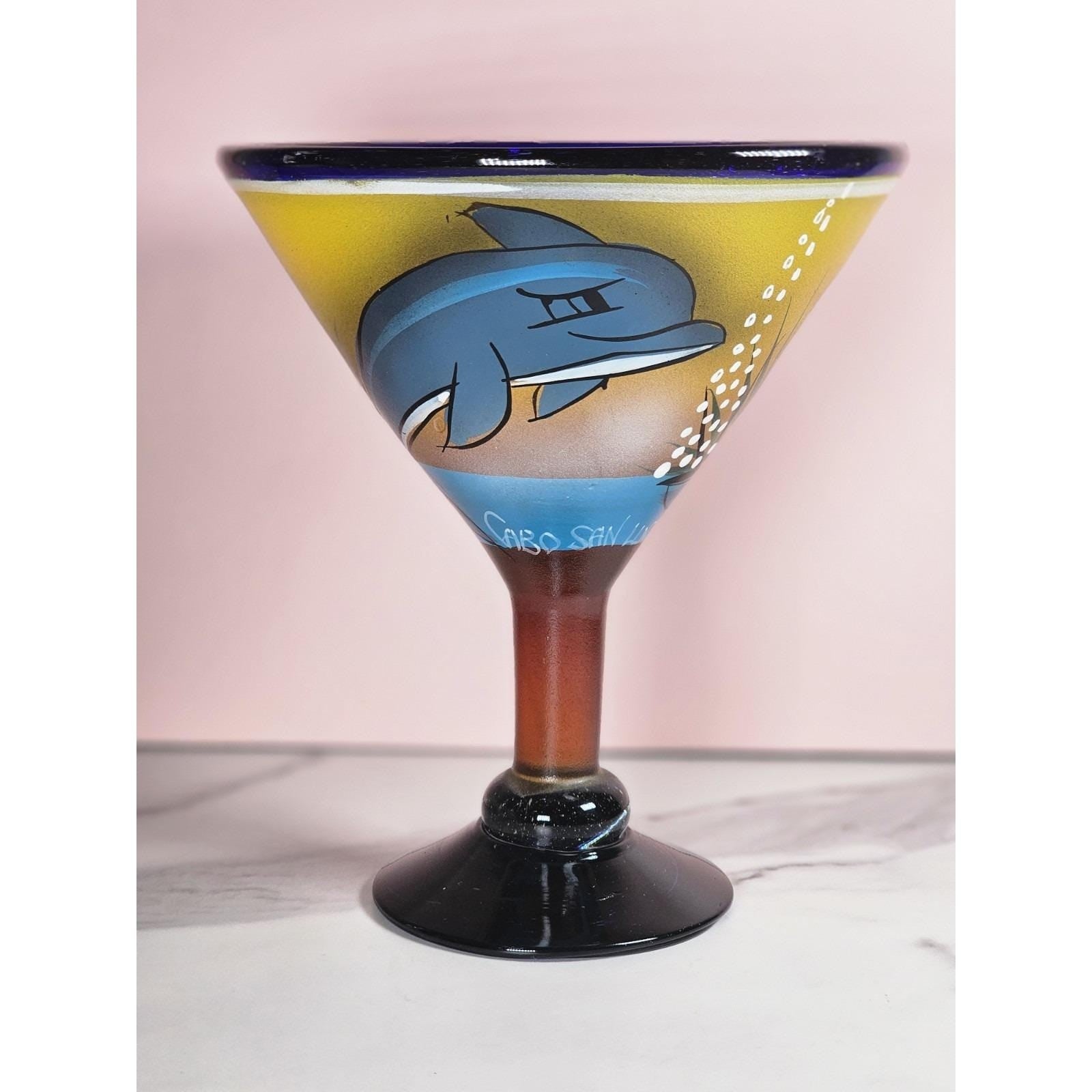 Hand Painted Dolphin Martini Glass Cobalt Blue Cabo San Lucas