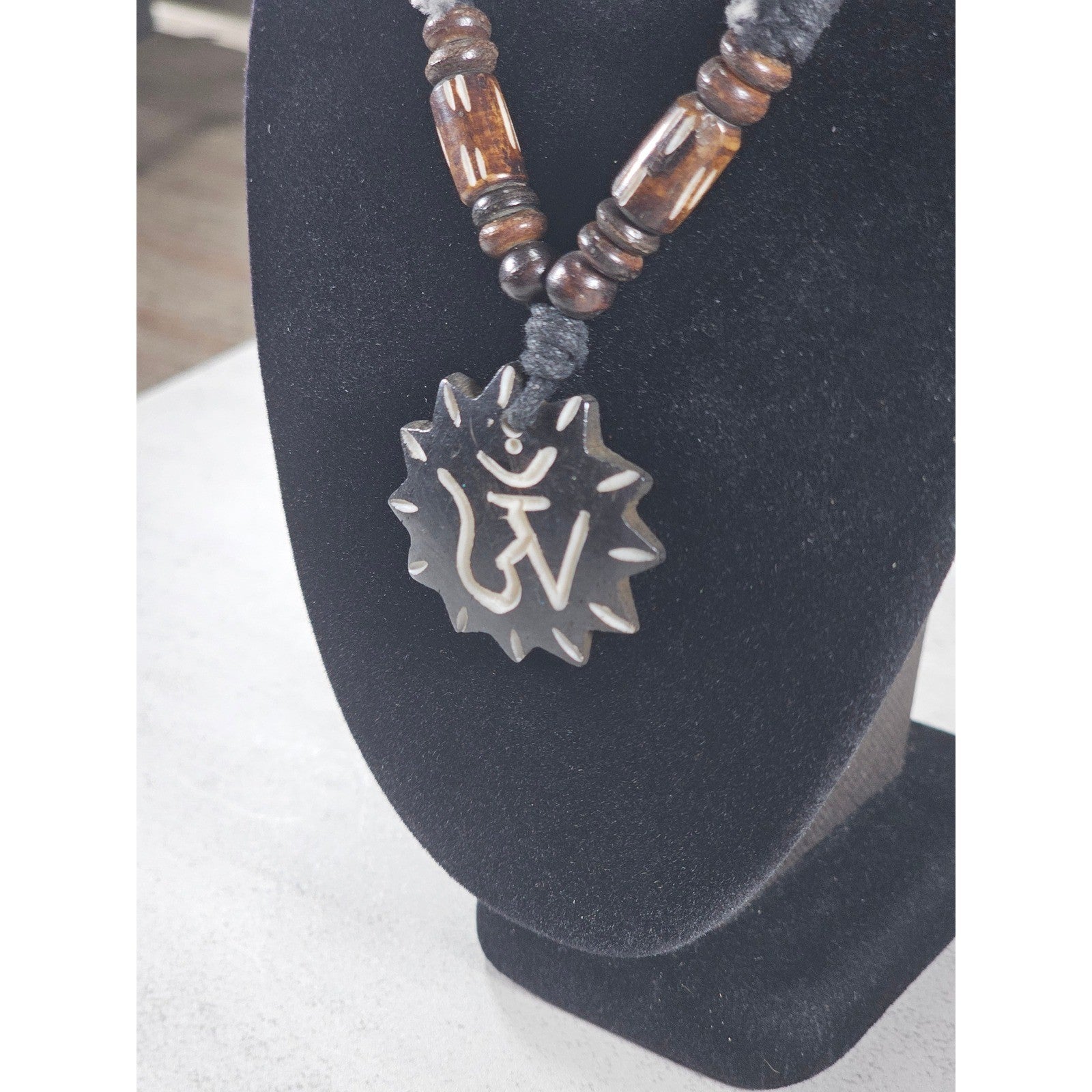 Vintage OM Pendant Necklace Wood Beads Black Cord Spiritual Charm