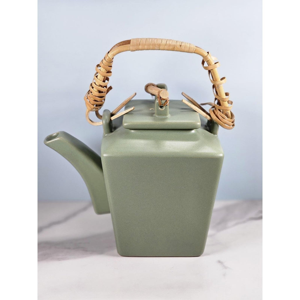Joyce Chen Ceramic Flared 28oz Teapot & 4 Square Teacups Set Bamboo Handle