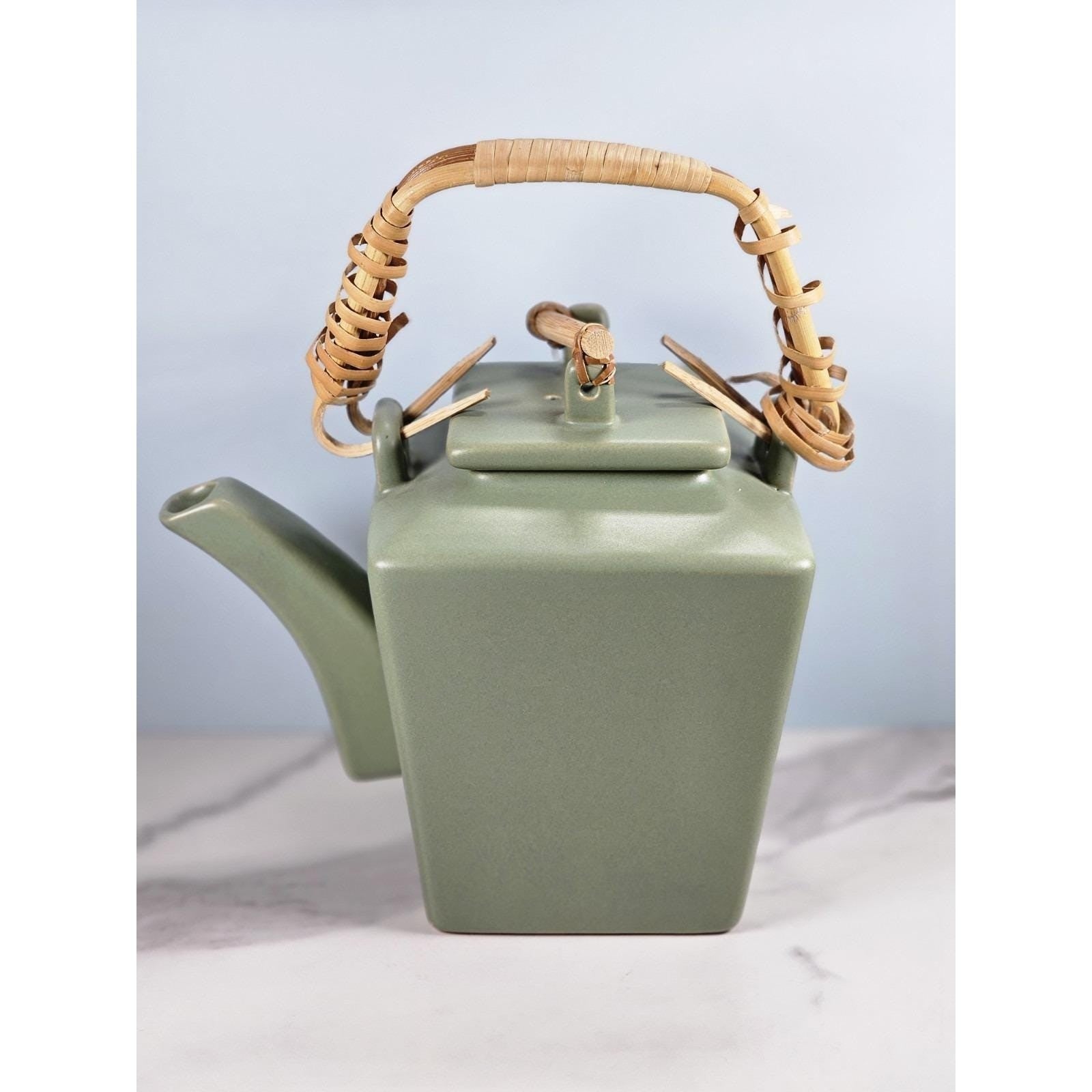 Joyce Chen Ceramic Flared 28oz Teapot & 4 Square Teacups Set Bamboo Handle