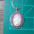 Vintage Angel Cameo Pendant Necklace Pink Relief Oval Frame