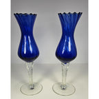 Vintage Blue Optic Swirl Wine Goblets Set of 2 Tall Twisted Stem Glass