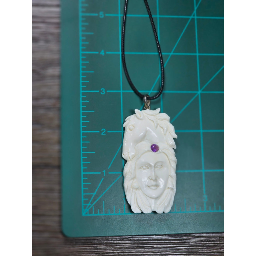Vintage Carved Horse & Female Pendant Necklace Purple Stone