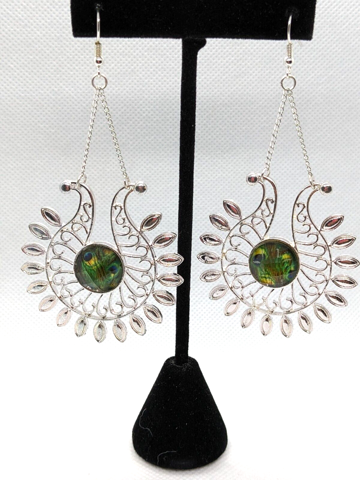 Silver Plated Peacock Feather Acrylic Eye Dangle Drop Earrings