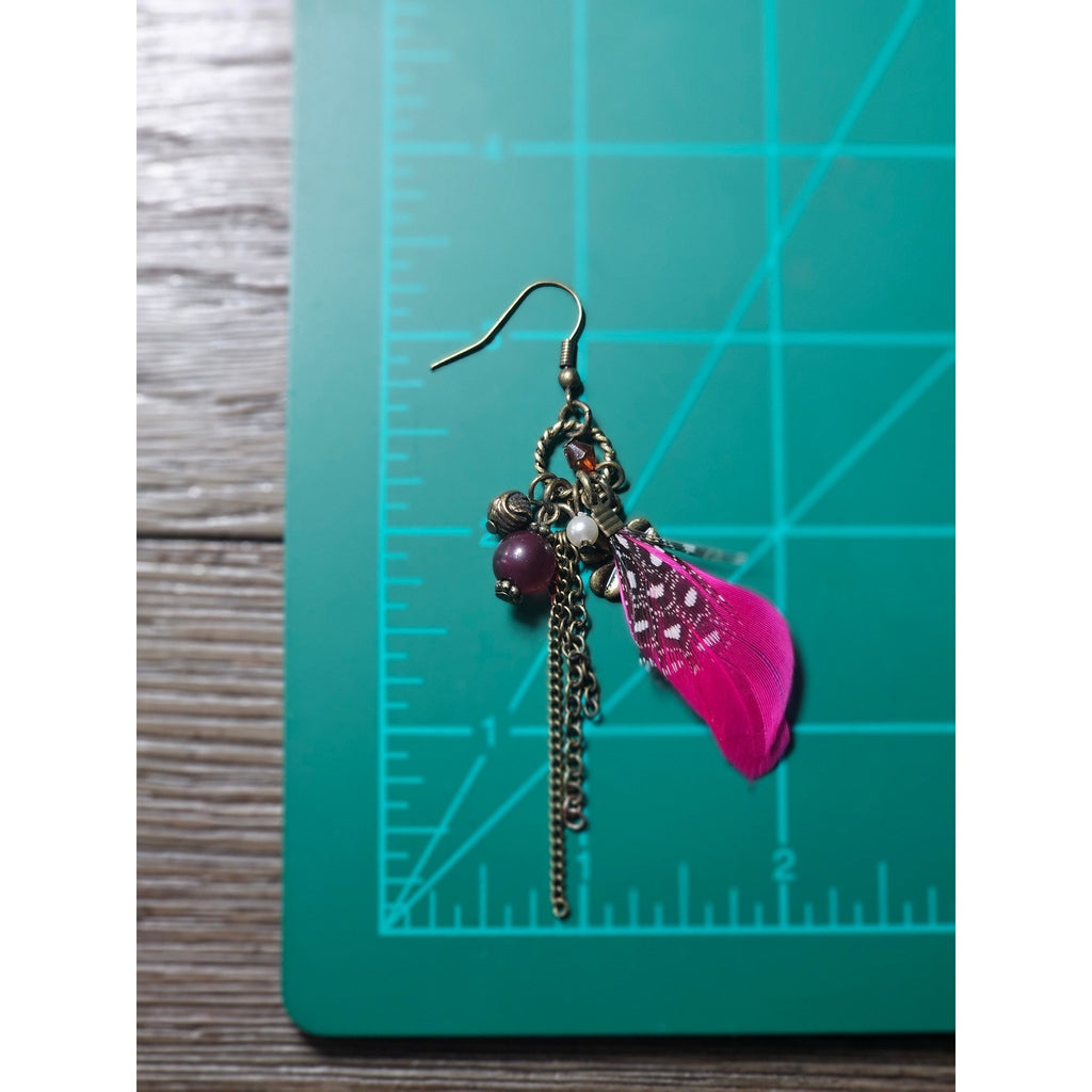 Vintage Pink Feather Charm Earrings Floral Boho Dangle Drop