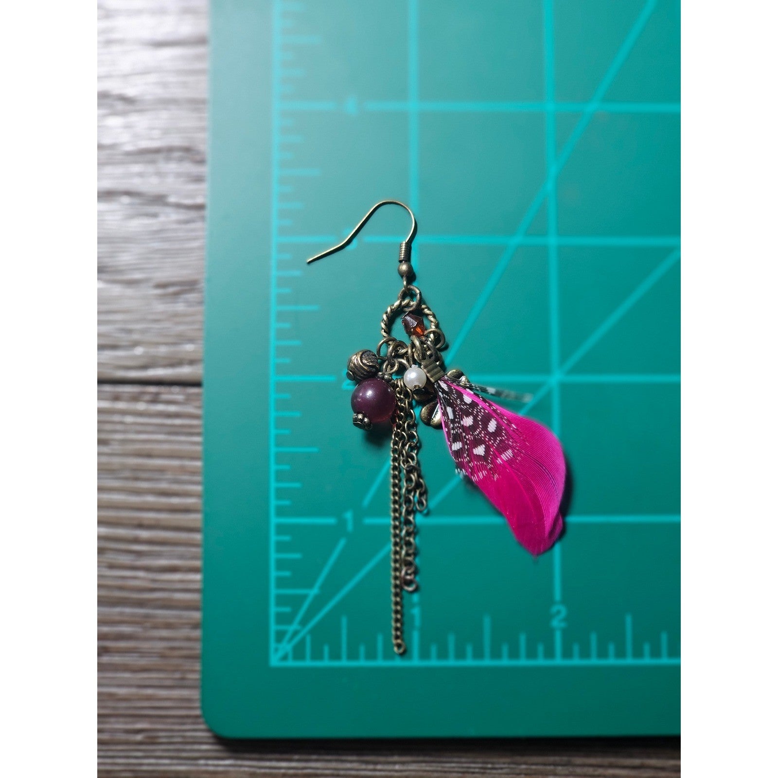 Vintage Pink Feather Charm Earrings Floral Boho Dangle Drop