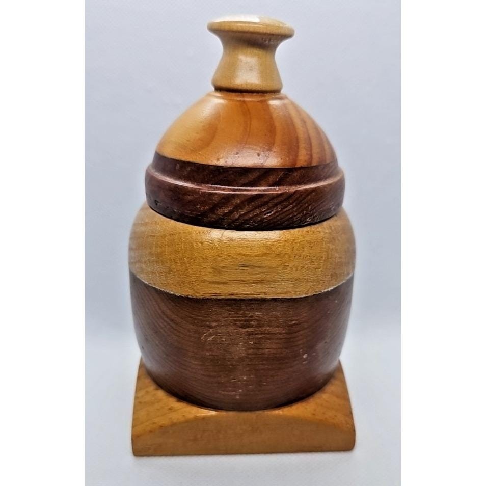 Vintage Wooden Trinket Box Round Lid Square Base Rustic Decor