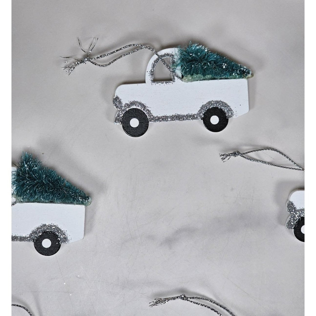 Set of 5 White Pickup Truck Christmas Ornaments with Tree Glitter Holiday Decor