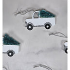 Set of 5 White Pickup Truck Christmas Ornaments with Tree Glitter Holiday Decor