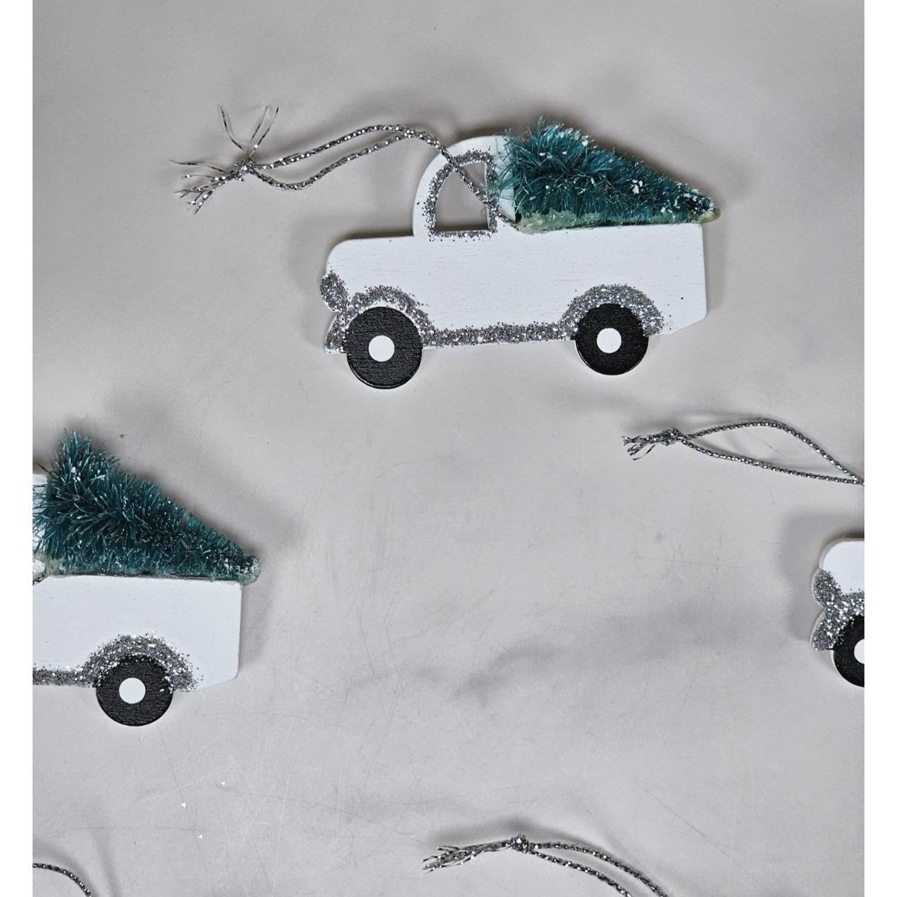 Set of 5 White Pickup Truck Christmas Ornaments with Tree Glitter Holiday Decor