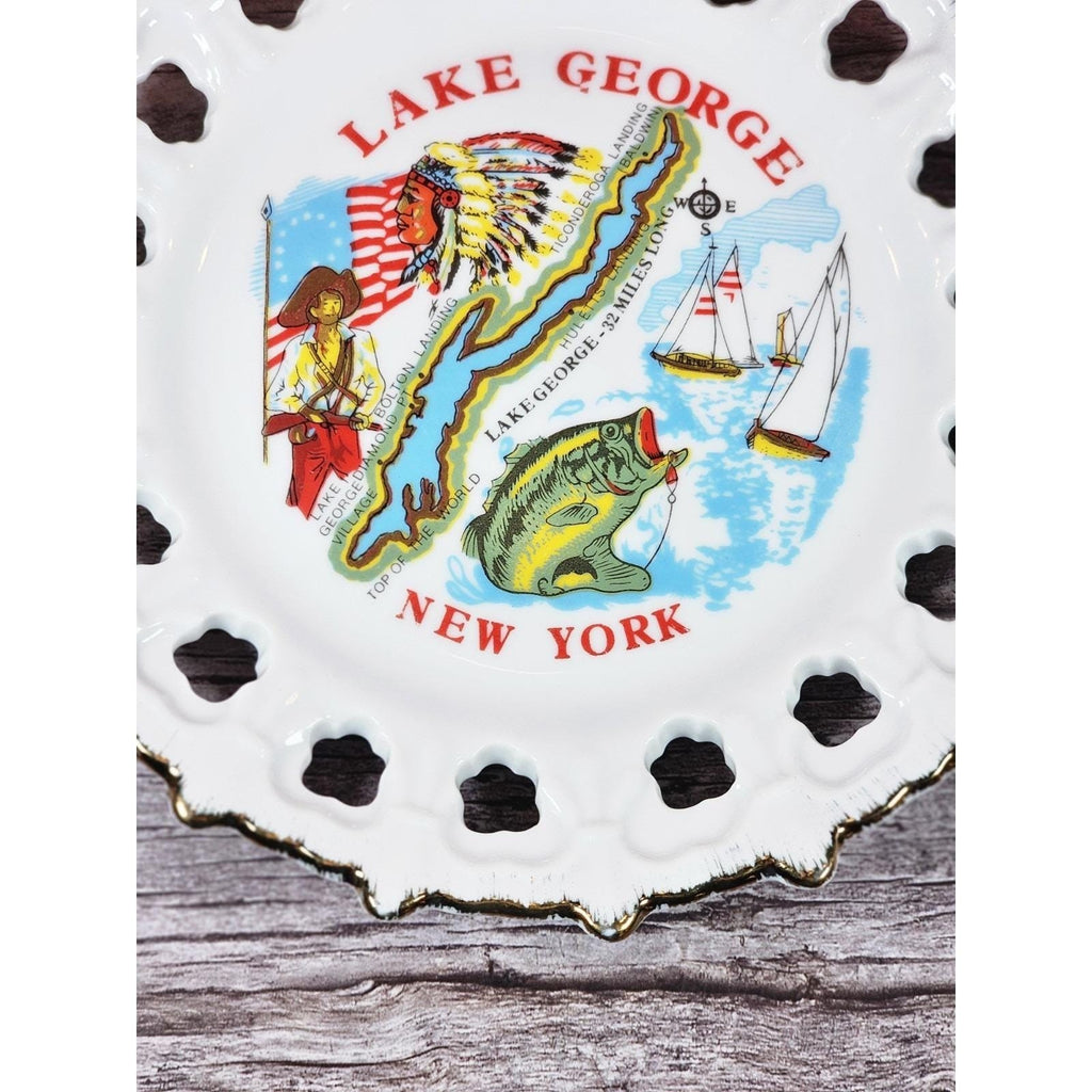 Vintage Lake George New York Souvenir Plate Gold Trim Pierced Rim 7 Inch