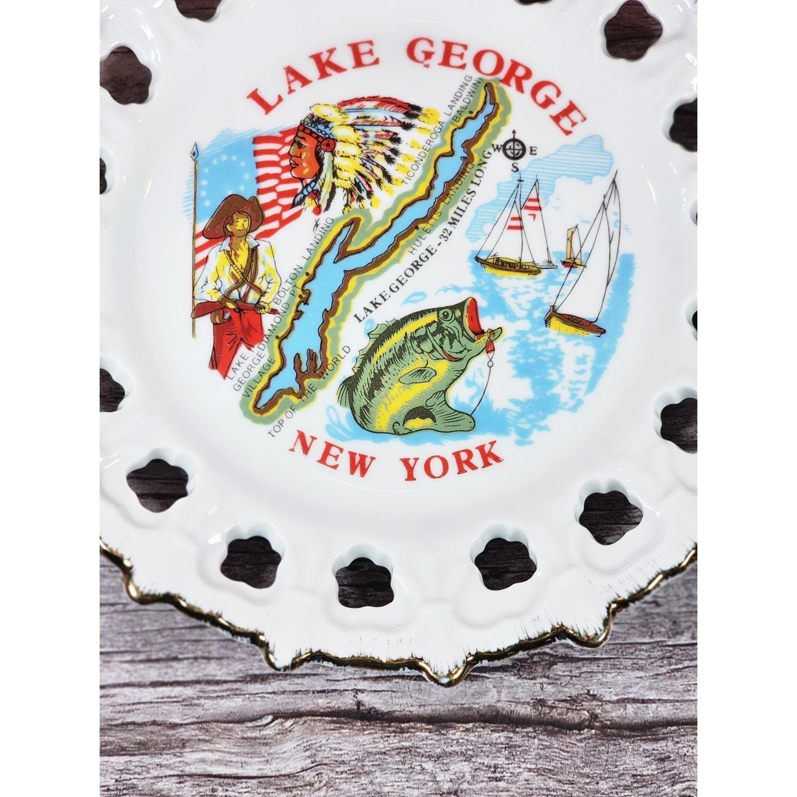 Vintage Lake George New York Souvenir Plate Gold Trim Pierced Rim 7 Inch