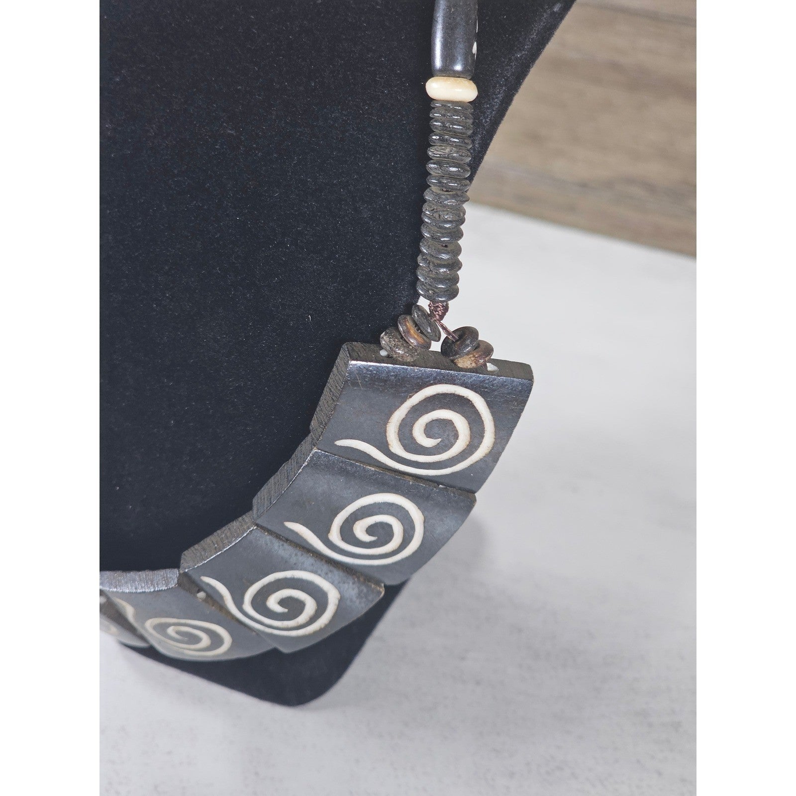 Vintage Tribal Carved Wood Spiral Necklace Statement Collar Black