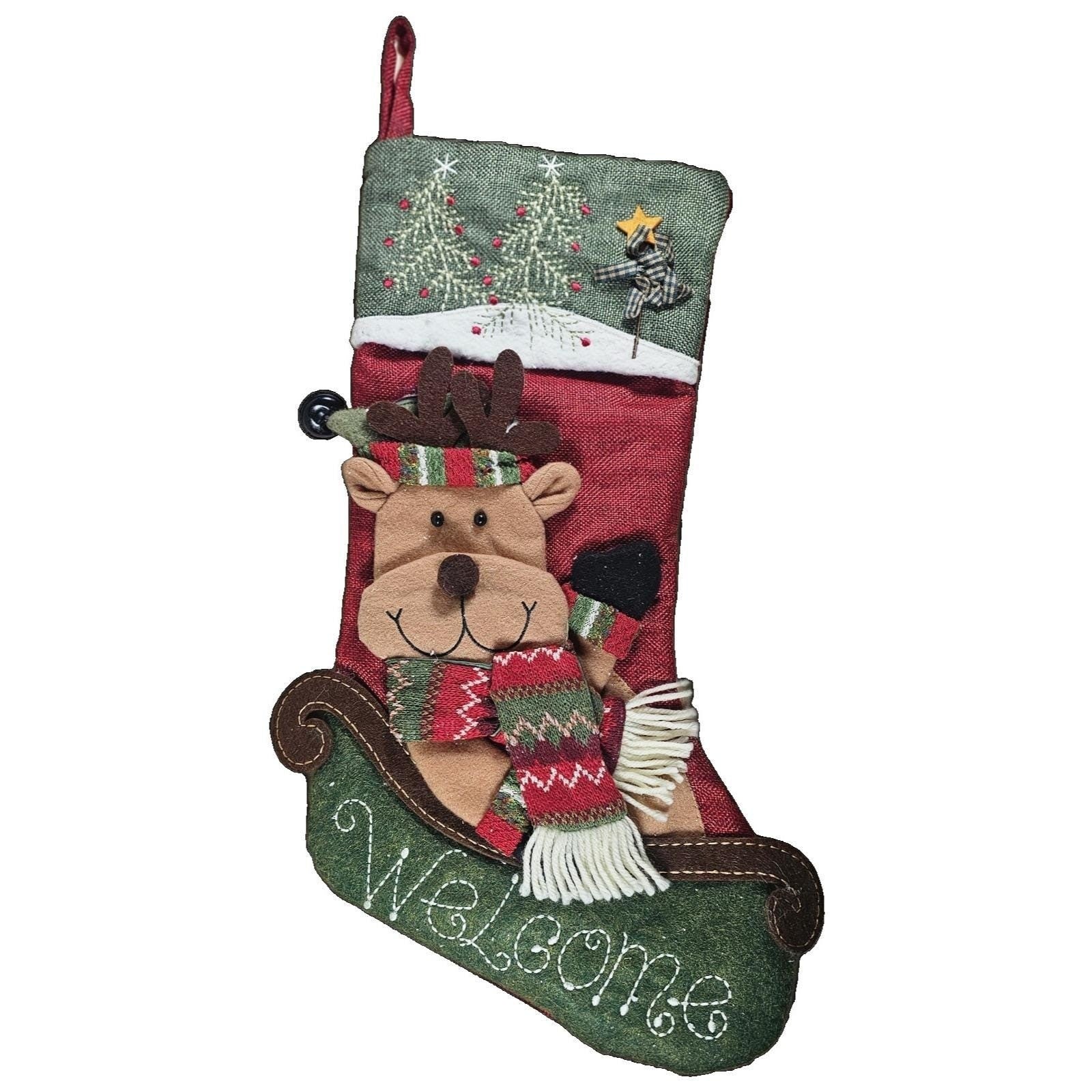 Vintage Christmas Stocking Reindeer Sleigh Red Green Holiday Decor 18"