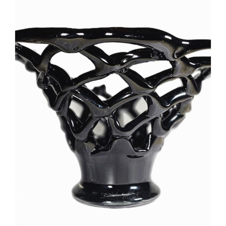 Vintage Black Art Glass Basket Weave Vase, Openwork Sculptural Decor