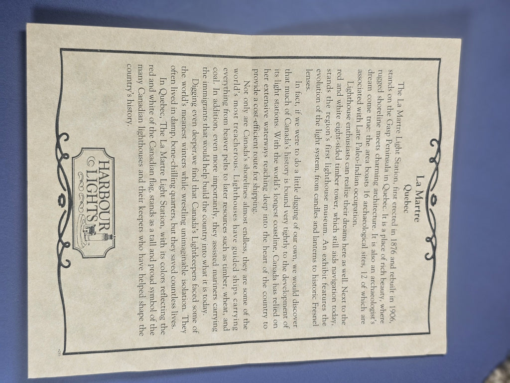 Harbour Lights Lighthouses #255 "La Martre" Quebec, Mint in box with COA.