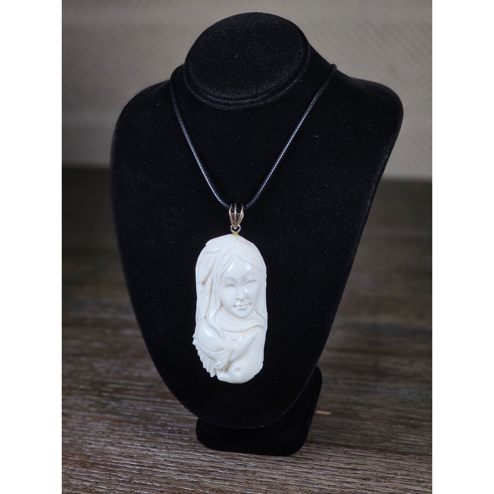 Vintage Buffalo Bone Carved Woman Pendant Necklace 2.5 x 1 Inch