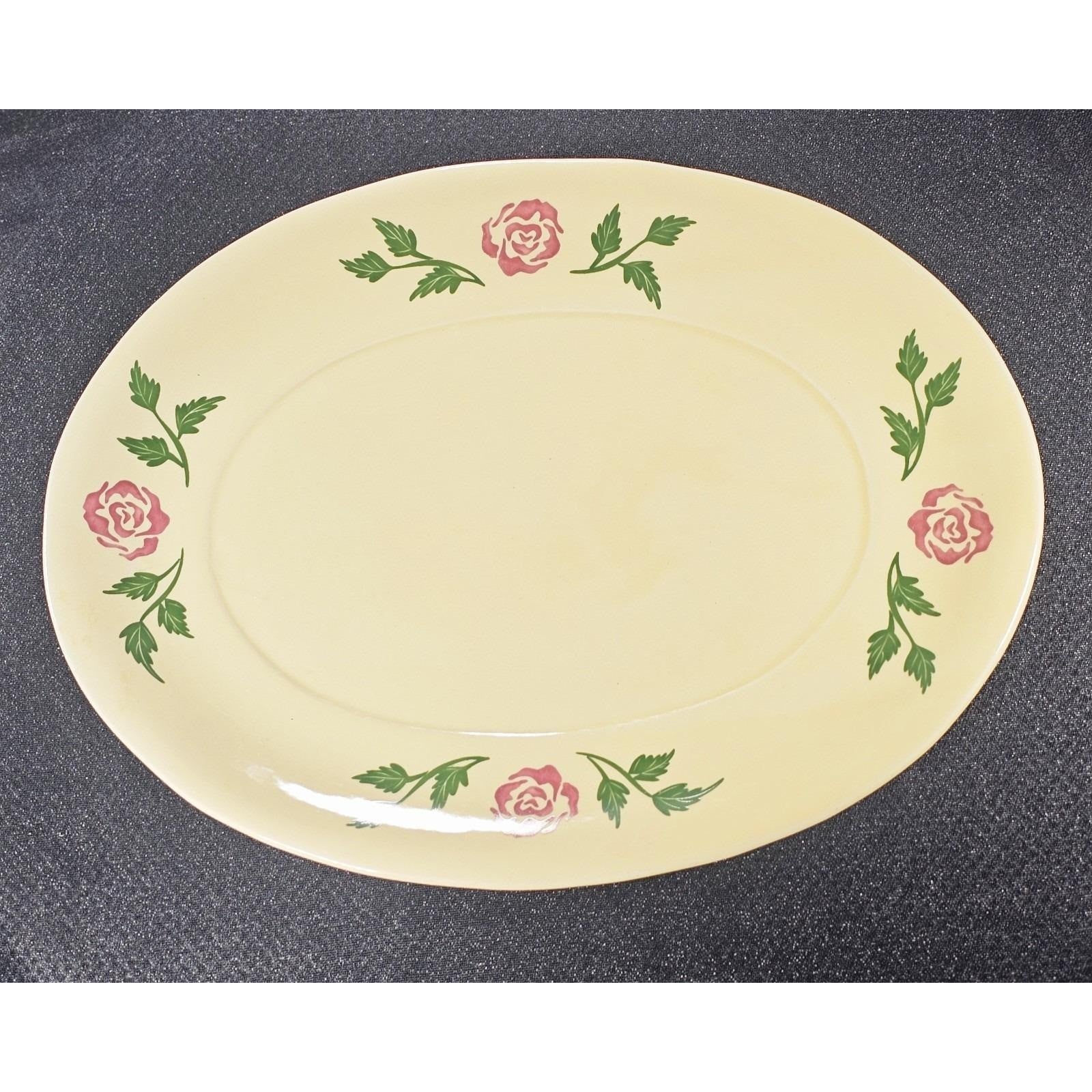 Vintage Floral Oval Serving Platter Yellow Pink Rose Ceramic 16x12