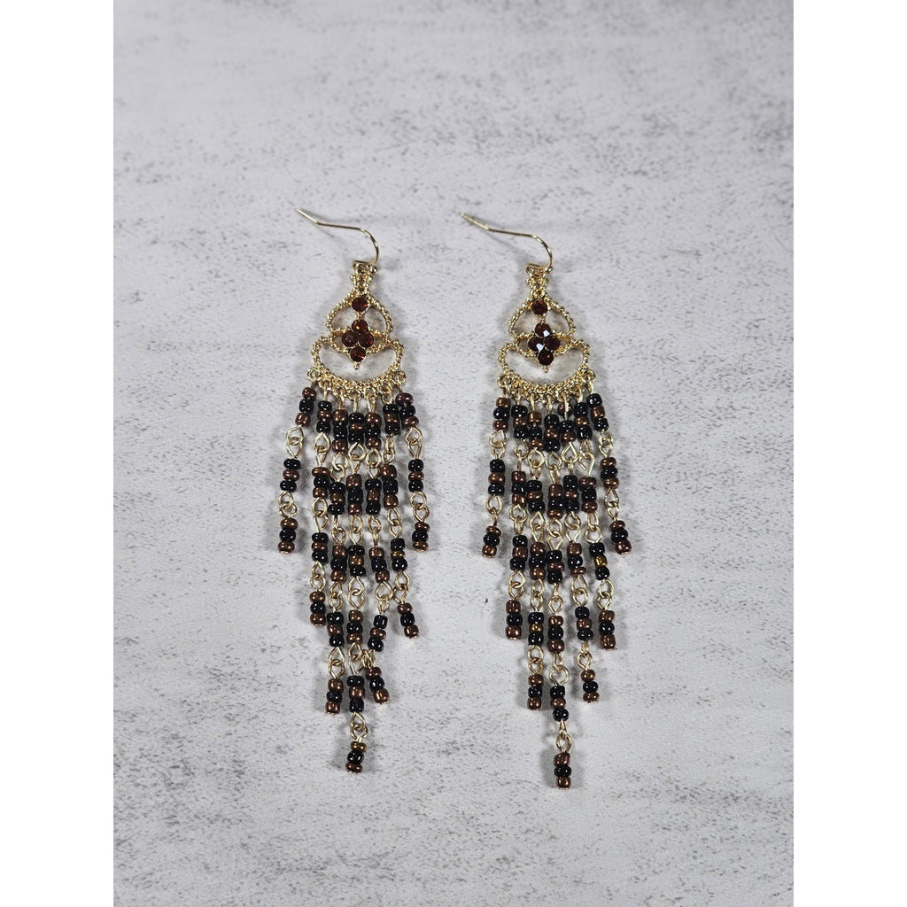 Vintage Gold Tone Beaded Chandelier Earrings Brown Black Dangle